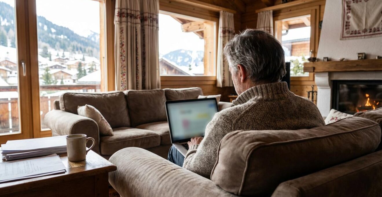 Person recherchiert Immobilienmakler-Transaktionen am Laptop in Schweizer Wohnzimmer
