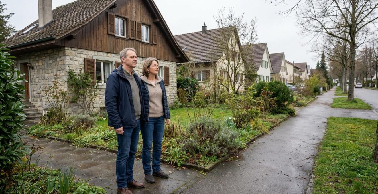 Schweizer Ehepaar betrachtet Nachbarschaft vor Einfamilienhaus zur Immobilienmakler-Auswahl