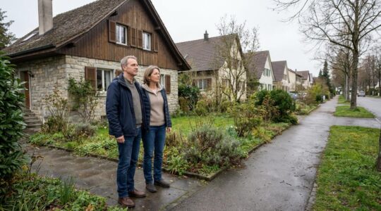 Schweizer Ehepaar betrachtet Nachbarschaft vor Einfamilienhaus zur Immobilienmakler-Auswahl