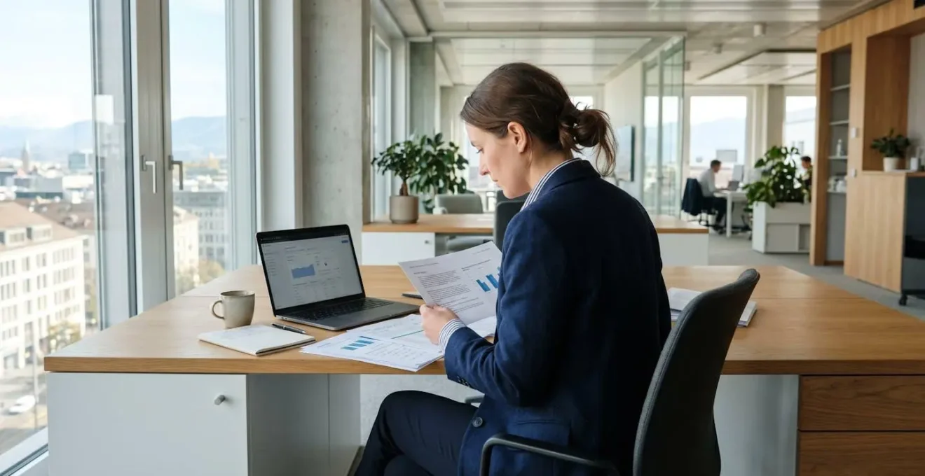 Professioneller Berater von hinten oder im Profil, der Dokumente an einem modernen Schreibtisch mit Laptop prüft, in einer hellen Schweizer Büroumgebung mit natürlichem Fensterlicht