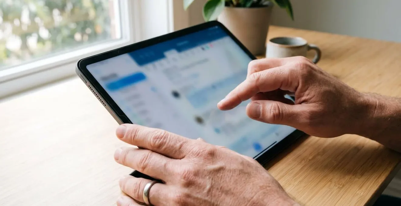 Nahaufnahme von Händen, die ein Tablet bedienen, auf dessen Bildschirm eine Immobilienbewertungs-Oberfläche vollständig verschwommen dargestellt ist, in einem modernen Home-Office mit natürlichem Licht