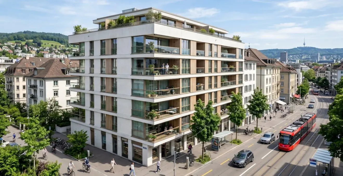 Zeitgenössisches Schweizer Wohngebäude mit klaren Linien und heller Fassade im Tageslicht in einem urbanen Kontext von Zürich