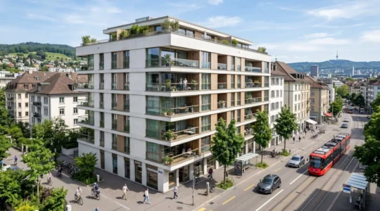 Zeitgenössisches Schweizer Wohngebäude mit klaren Linien und heller Fassade im Tageslicht in einem urbanen Kontext von Zürich